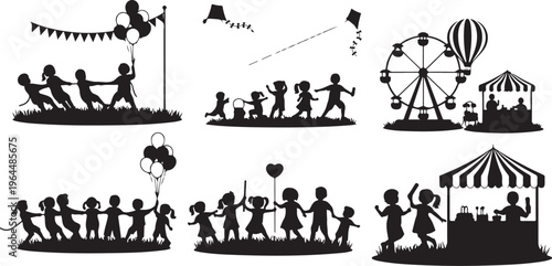 Black silhouette carnival icons, funfair and amusement park graphics, kid's party decorations, vector clip art