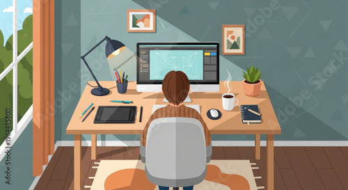 Graphic designer working on computer at desk with digital tablet and lamp in modern home office with green wall and window