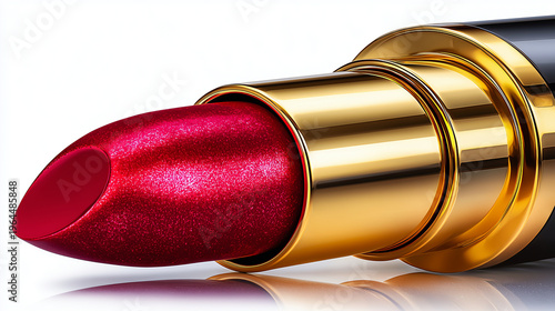 Gros plan rouge à lèvres luxe : tube métallique doré brillant, texture onctueuse visible. Reflets de lumière élégants. Isolé sur fond blanc