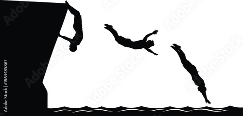 A sequence of black silhouettes showing a man jumping from a high cliff into water below isolated on a white background for sports.