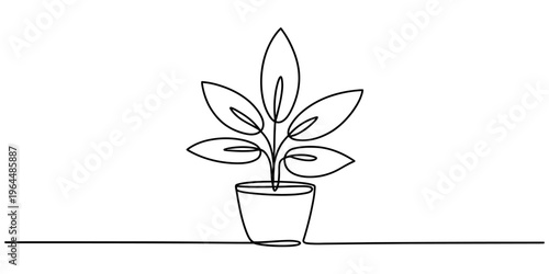 Minimalist continuous single line drawing of a small potted houseplant on a clean white surface