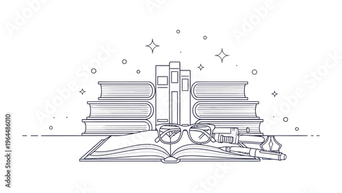 Literary Corner: An elegant line drawing captures the essence of literature, featuring a collection of books, an open tome, a pair of spectacles, and a fountain pen.