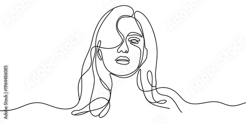 Minimalist continuous line drawing of a woman with long hair on a simple white background sketch