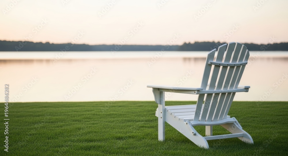 Fototapeta premium Tranquil White Chair by Calm Lake at Dusk with Soft Reflection
