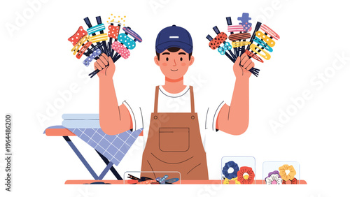 Artisan Craftsman Displaying Creative Craftsmanship: A cheerful artisan proudly showcases handmade flowers, embodying dedication and skill in crafting. Reflecting creativity and the joy of creating.