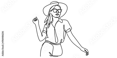 A continuous line drawing of a fashionable woman wearing a wide brim hat and stylish sunglasses