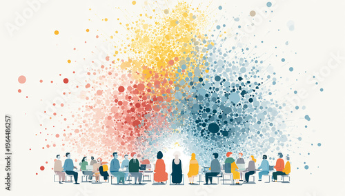 A diverse group of people sitting in a circle with a vibrant and colorful background