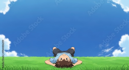 Child Relaxing on Grass Under Clear Blue Sky with Soft Clouds