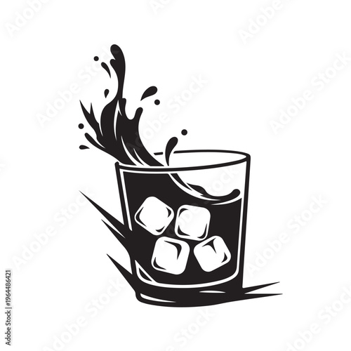  a whiskey glass with ice cubes and splash silhouette