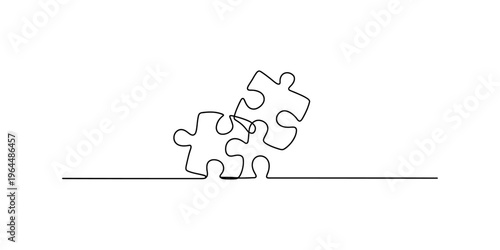 Minimalist continuous single line drawing of two connected puzzle pieces on a plain background Vector, illustration