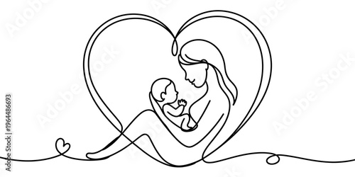 Minimalist continuous line art illustration of a loving mother cradling her newborn baby inside heart