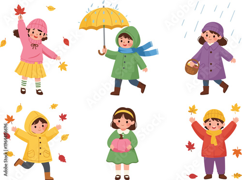 A collection of cute cartoon children characters playing in autumn leaves and rain wearing warm seasonal clothing isolated on a white background for design.