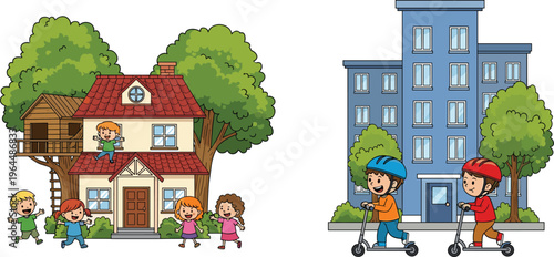Kids Playing Near Treehouse and Riding Scooters in City Set with Children Outdoor Activities Cartoon Vector Illustration Collection