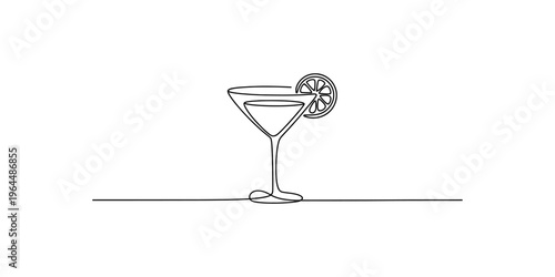 A minimalist single continuous line drawing of a classic martini glass with a lime wedge slice. Vector, illustration
