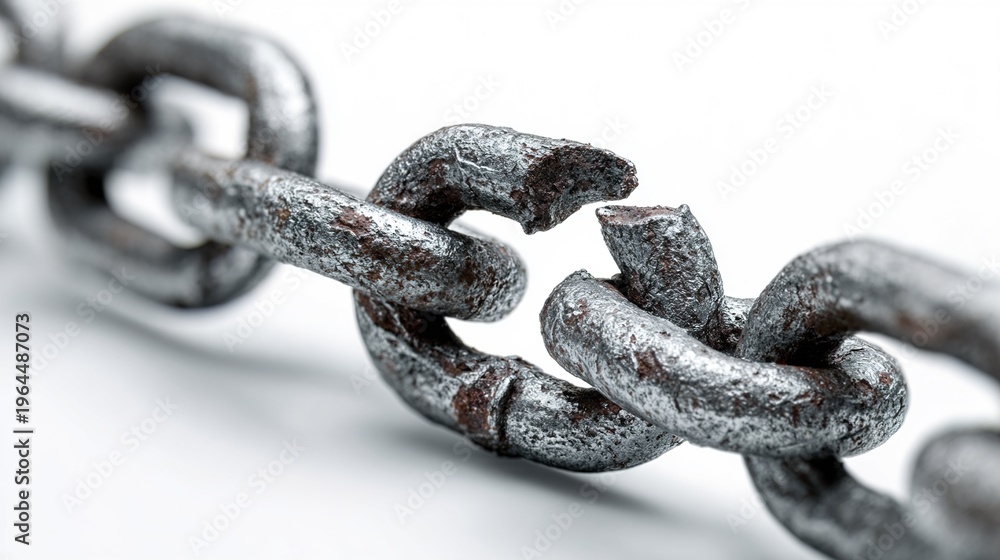 Obraz premium disconnection. Broken chain with separated links floating, symbolic freedom with dramatic side lighting. wellbeing guides, coaching materials, designed for coaching and self-improvement content.