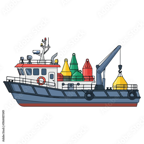 Fishing boat with colorful buoys on deck and crane