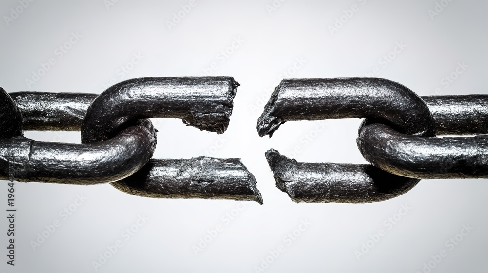 Fototapeta premium disconnection. Broken chain with separated links floating, symbolic freedom with dramatic side lighting. wellbeing guides, coaching materials, designed for coaching and self-improvement content.