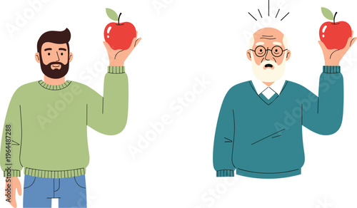 Young and Elderly Man Holding Apple Set with Healthy Food Concept and Generational Comparison Cartoon Vector Illustration Collection