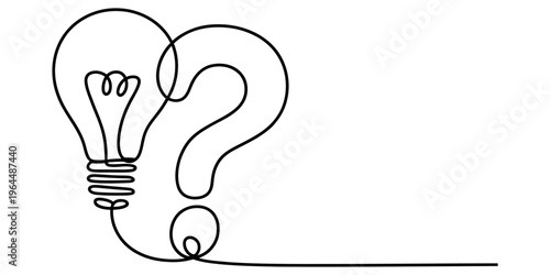 A single continuous line drawing of a light bulb shape blended into a large question mark symbol
