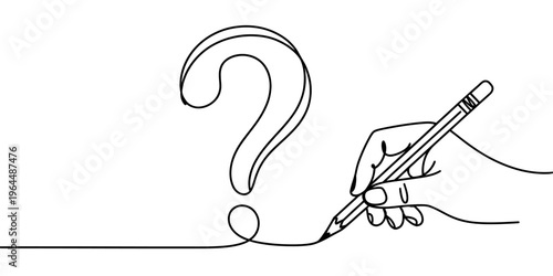 A single continuous line drawing of a hand holding a pencil to draw a large question mark symbol