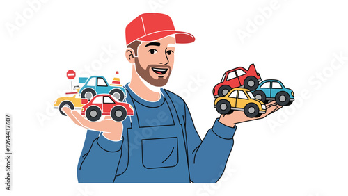 Automotive Professional: A skilled automotive professional showcases a collection of vibrant toy cars, embodying passion and expertise in the automotive field.