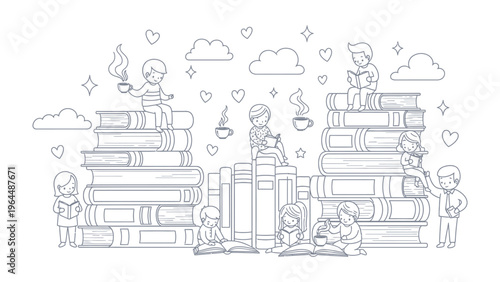 Literary Haven: Capturing the essence of shared love for stories, this image shows a community of readers absorbed in tales, creating a cozy and inviting literary landscape.