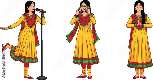 Indian Female Singer Character Set Performing Singing and Greeting in Traditional Dress with Microphone Stage Performance Cartoon Vector Illustration Collection