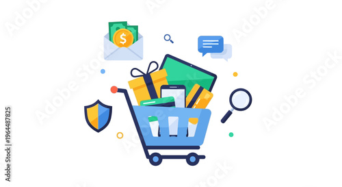 E-commerce Shopping Cart Illustration: Online Retail, Secure Digital Payment, Mobile Commerce & Global Delivery Concept