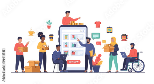 Diverse Group Engaging with Mobile E-commerce Platform. Online Shopping, Digital Retail, Global Delivery & Customer Service Concept.