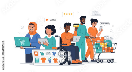 Diverse Group Engages in Online Shopping & E-commerce with Secure Payments and Delivery - Digital Retail & Inclusive Consumerism Illustration