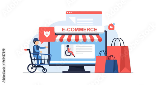 E-commerce Accessibility & Inclusive Online Shopping: Digital Retail Storefront with Customer in Cart and Bags