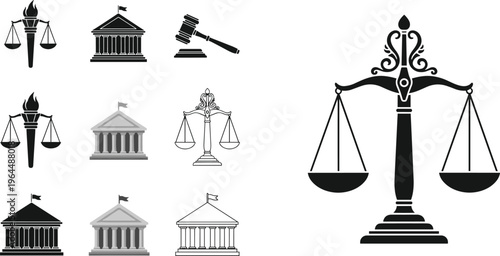 Law and Justice Icon Set with Scales Gavel Courthouse and Legal Symbols Collection in Black and White Cartoon Vector Illustration Design