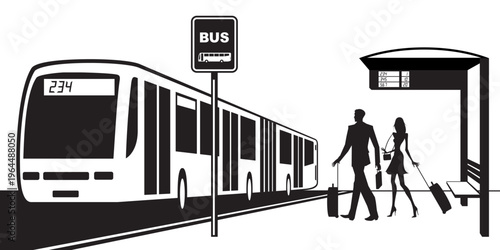 Passengers get in the bus from station - vector illustration