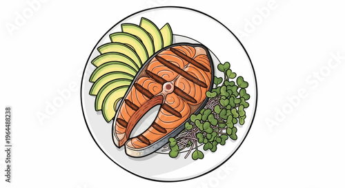Grilled salmon steak with avocado slices and sprouts on a plate