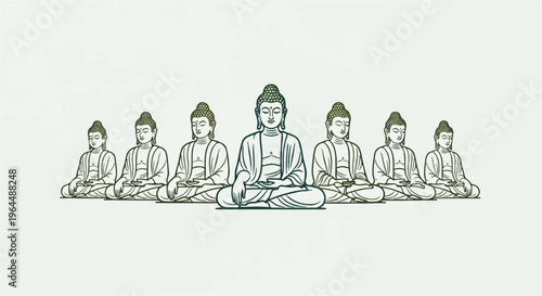 Group of enlightened figures in meditative pose, facing forward