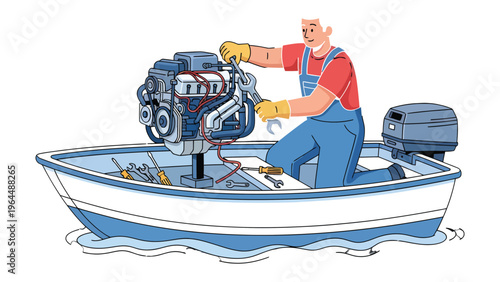 Boat Engine Repair: A skilled technician, equipped with tools, diligently repairs a boat engine, highlighting the technical expertise and dedication required for maritime maintenance.