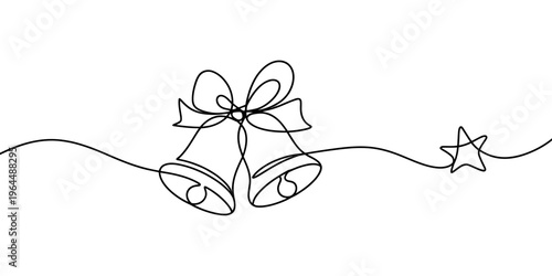 A minimalist single line drawing of two connected jingle bells and a small star for decoration