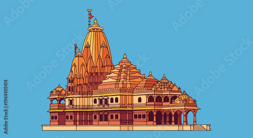 Ornate Indian temple with multiple spires and domes, set against a blue sky