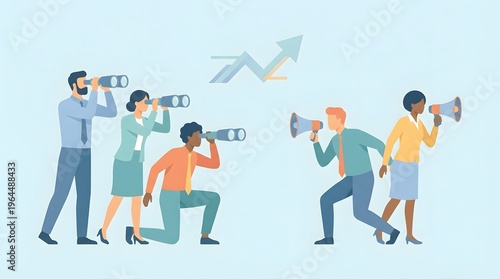Business team uses binoculars for vision and megaphones for communication aiming for future growth