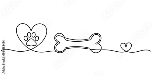 Continuous line drawing of a heart with a paw print and a dog bone for pet lovers and owners