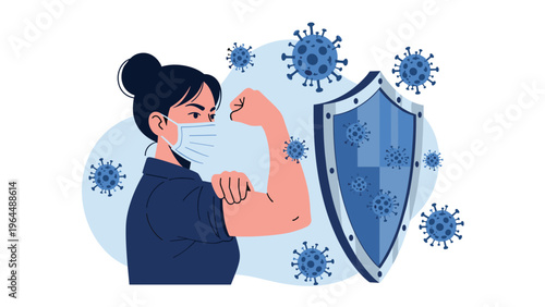Illustration of a strong woman wearing a medical mask flexing her muscle behind a shield to fight virus particles.