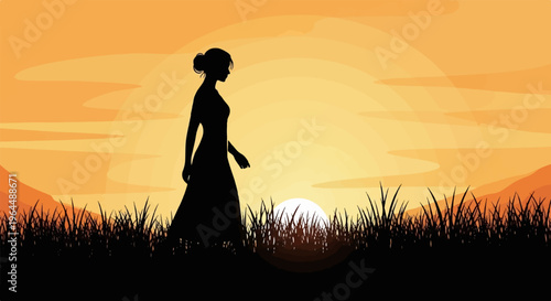 Silhouette of a woman in a flowing dress walking at sunset in a grassy field