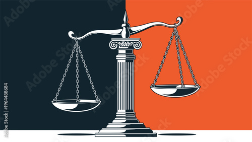 Classic illustration of the scales of justice with a column on a split black and orange background representing law.