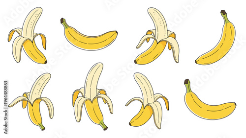 Collection of hand drawn bananas including whole fruits and partially peeled ones in a realistic sketch style.
