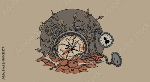 Tangled vines adorn a compass, pocket watch, and bones on cracked earth
