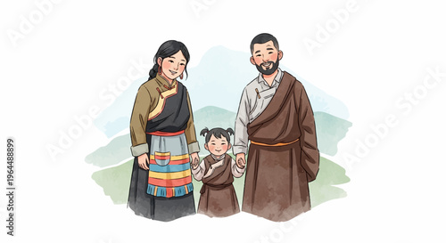 Stylized watercolor portrait of a smiling family in traditional Tibetan clothing