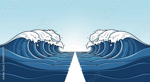 Two massive, pixelated waves crash towards a vanishing point on a bright, clear day