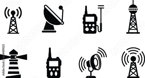 Communication and broadcasting icons set with radio tower, satellite dish, and signal devices, wireless technology concept in black and white vector