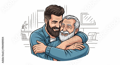 Two men, one older with a white beard, embrace happily in a room