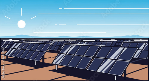 Vast solar farm under a bright, sunlit sky, with distant hills